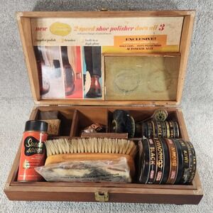Sunbeam Shoe Shine Kit Brown Vintage Wooden Valet Box Kiwi Polish Set Unisex OS